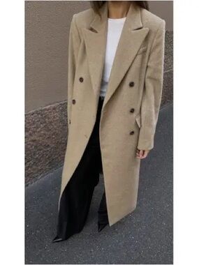 Almada Label Women’s Drew Double-Breasted Wool Long Coat in Beige, Size Small S